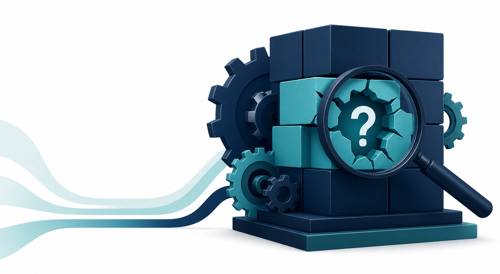 Abstract illustration of a gear opening to reveal a question mark, representing hidden assumptions inside a GTM engine