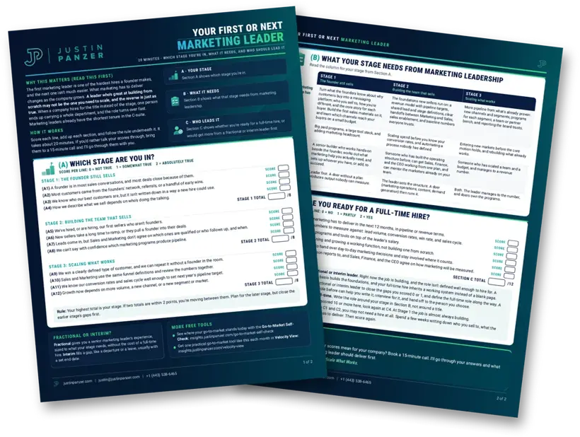 Your First or Next Marketing Leader worksheet, two pages